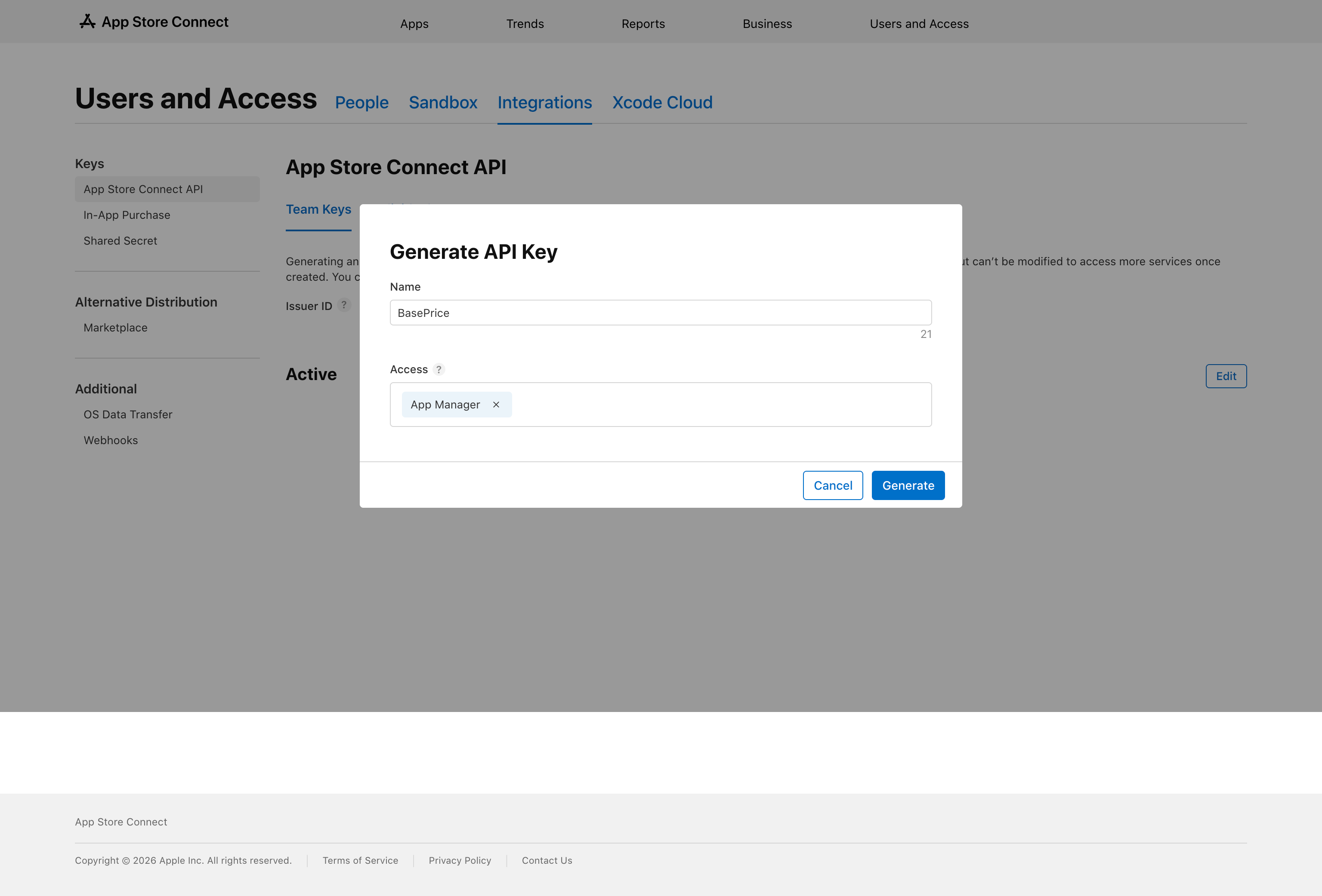 App Store Connect API keys page showing the Integrations tab