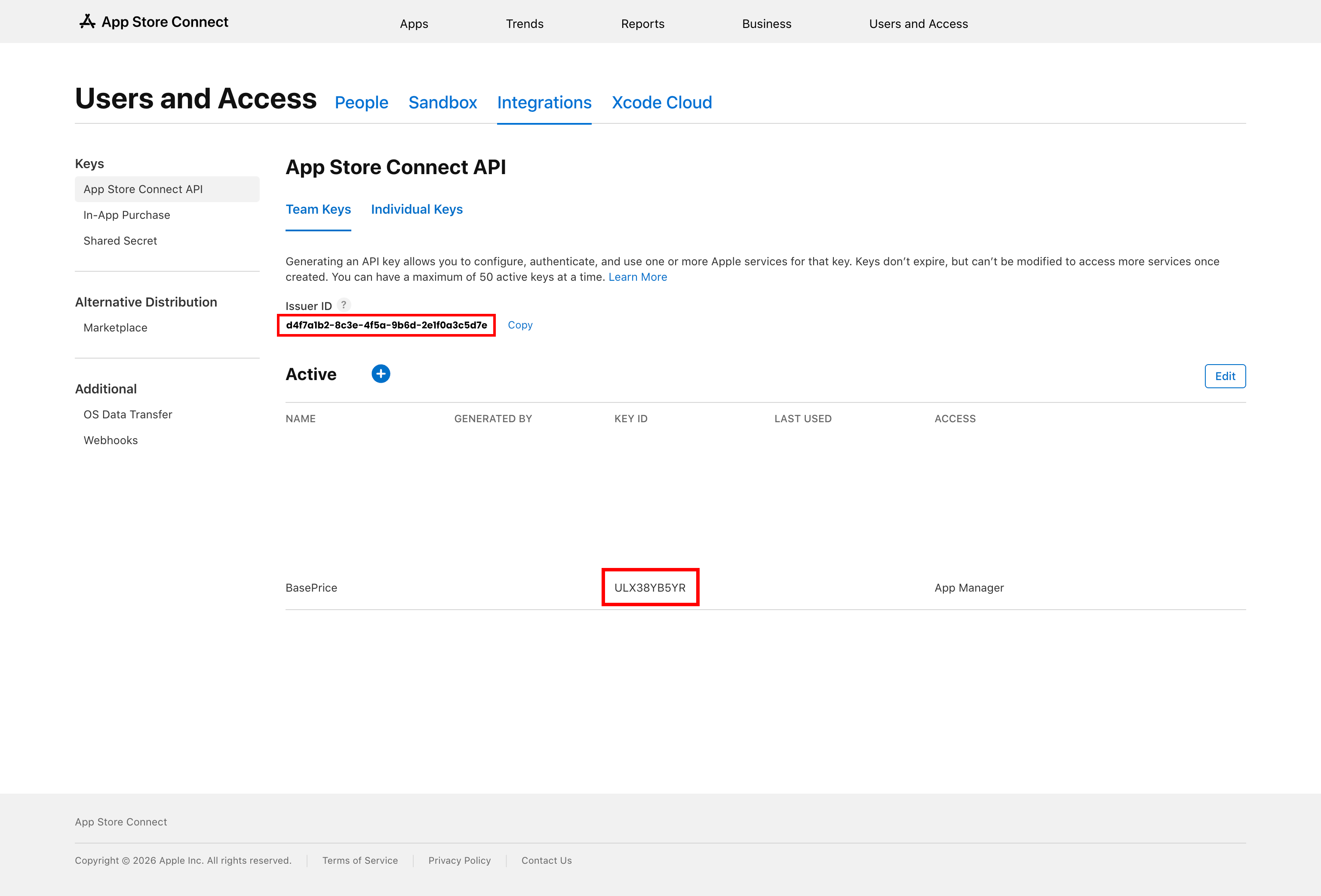 App Store Connect showing the Issuer ID and Key ID locations