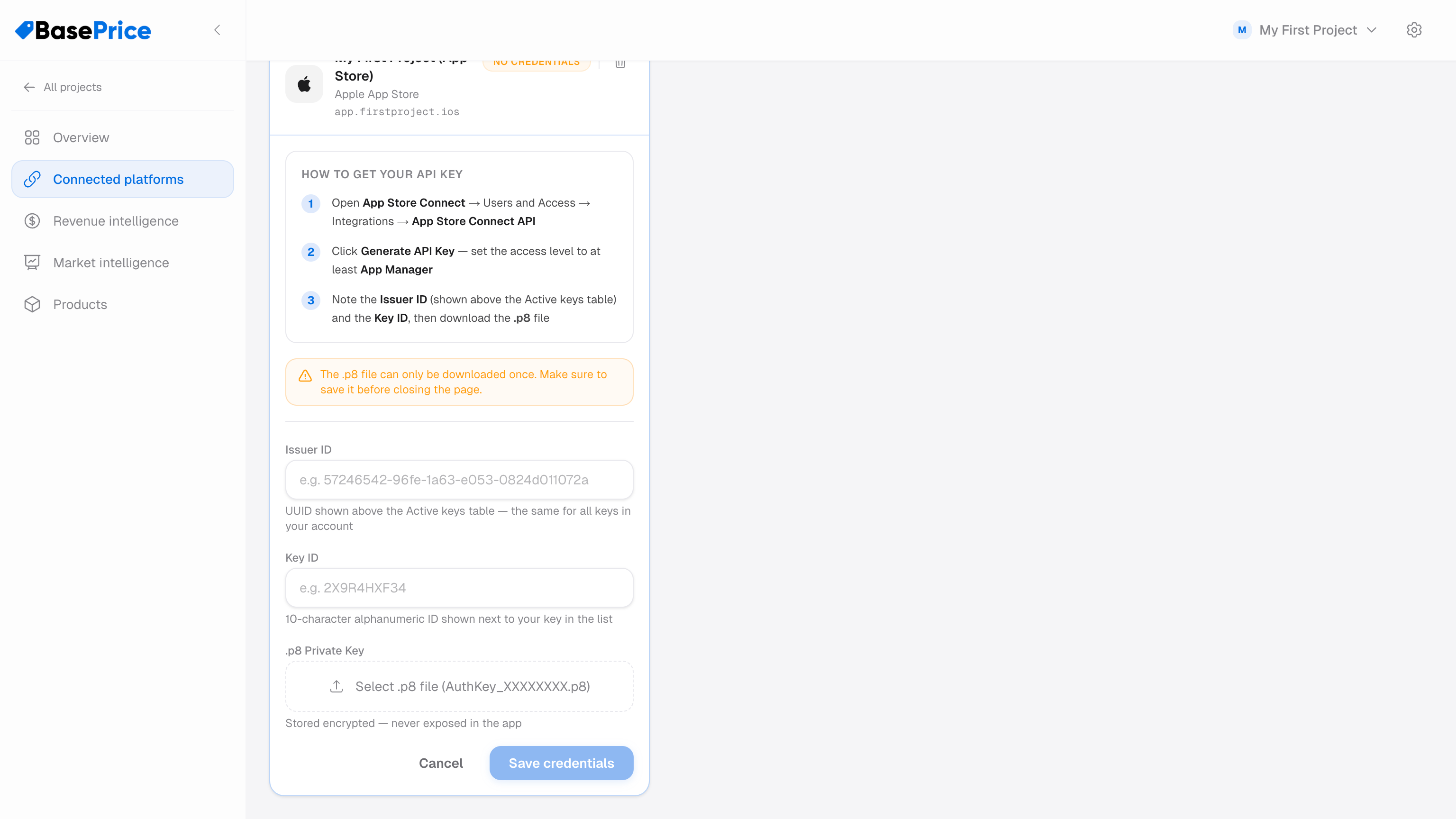 Apple App Store credential form with Issuer ID, Key ID, and private key fields