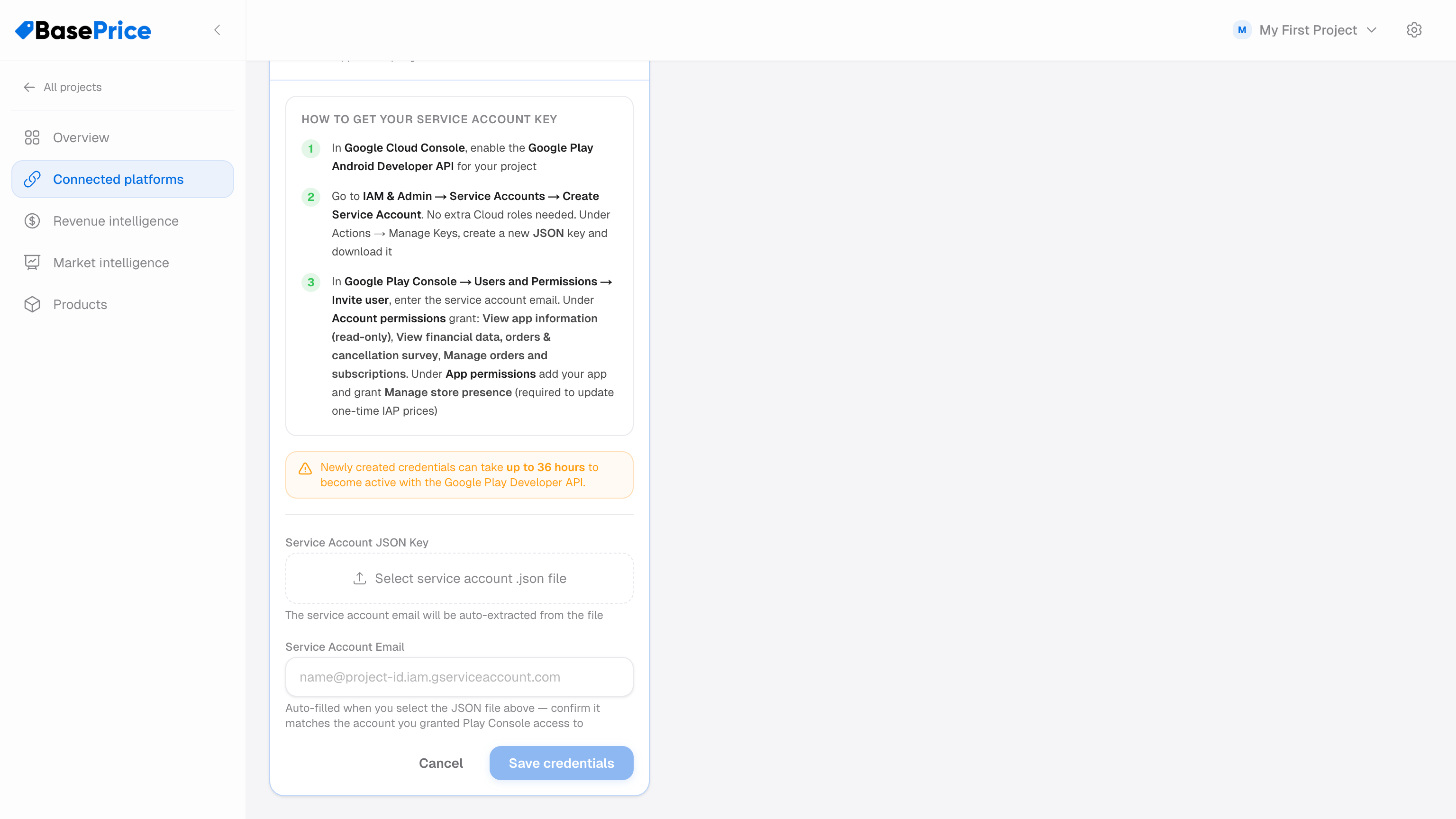 Google Play credential form with service account JSON input