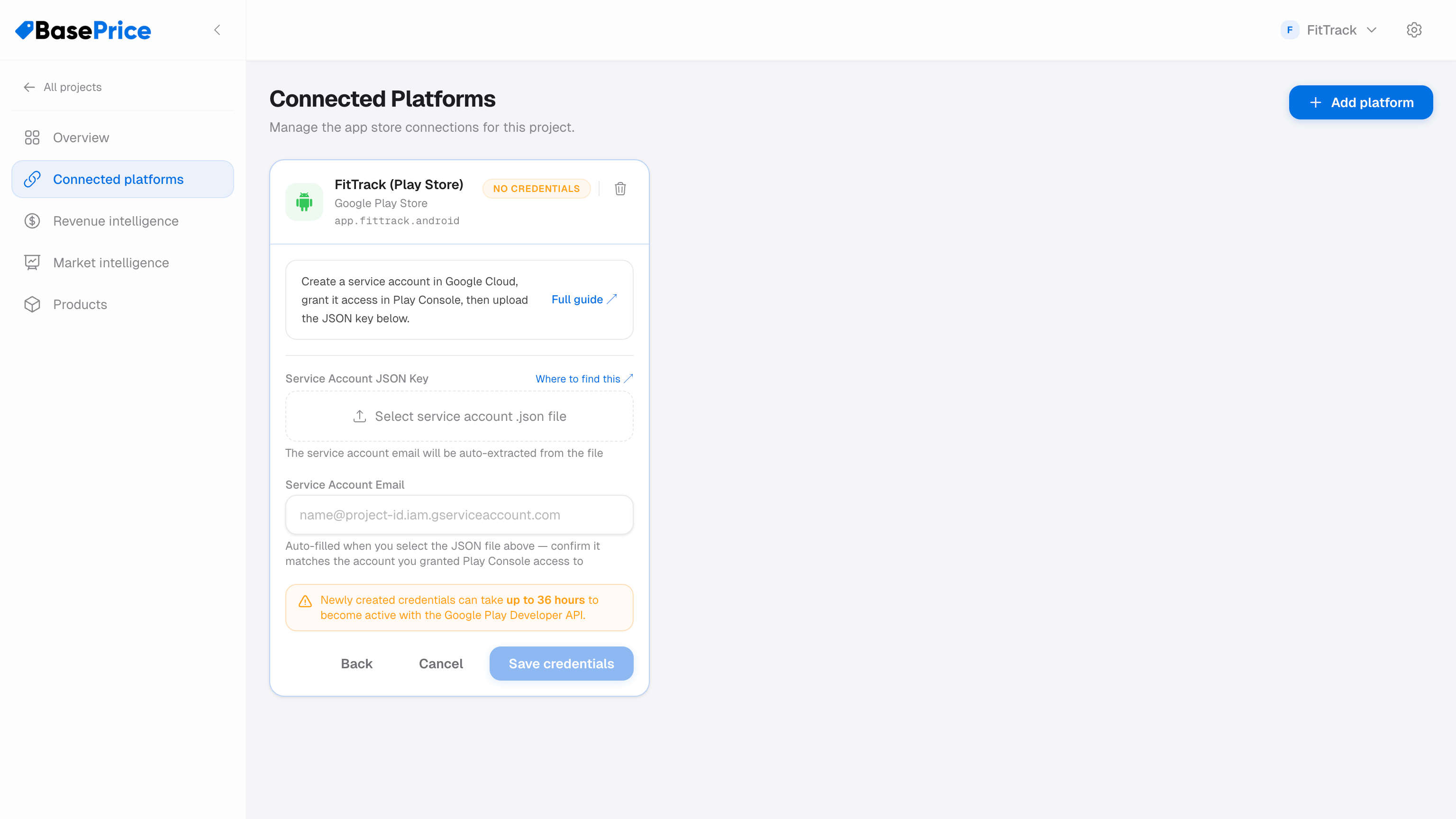BasePrice Google Play credential form with JSON key upload and Service Account Email fields