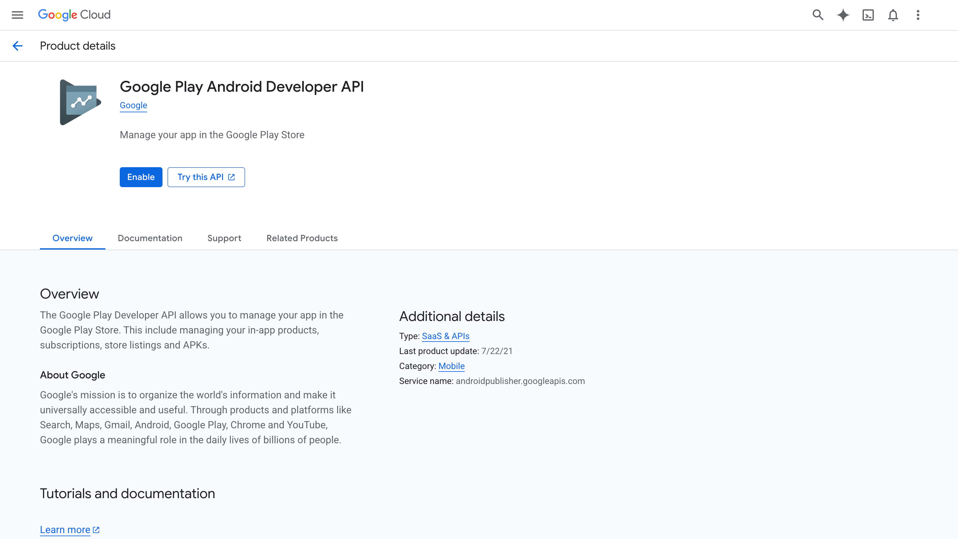 Google Cloud Console showing the Google Play Android Developer API enable page