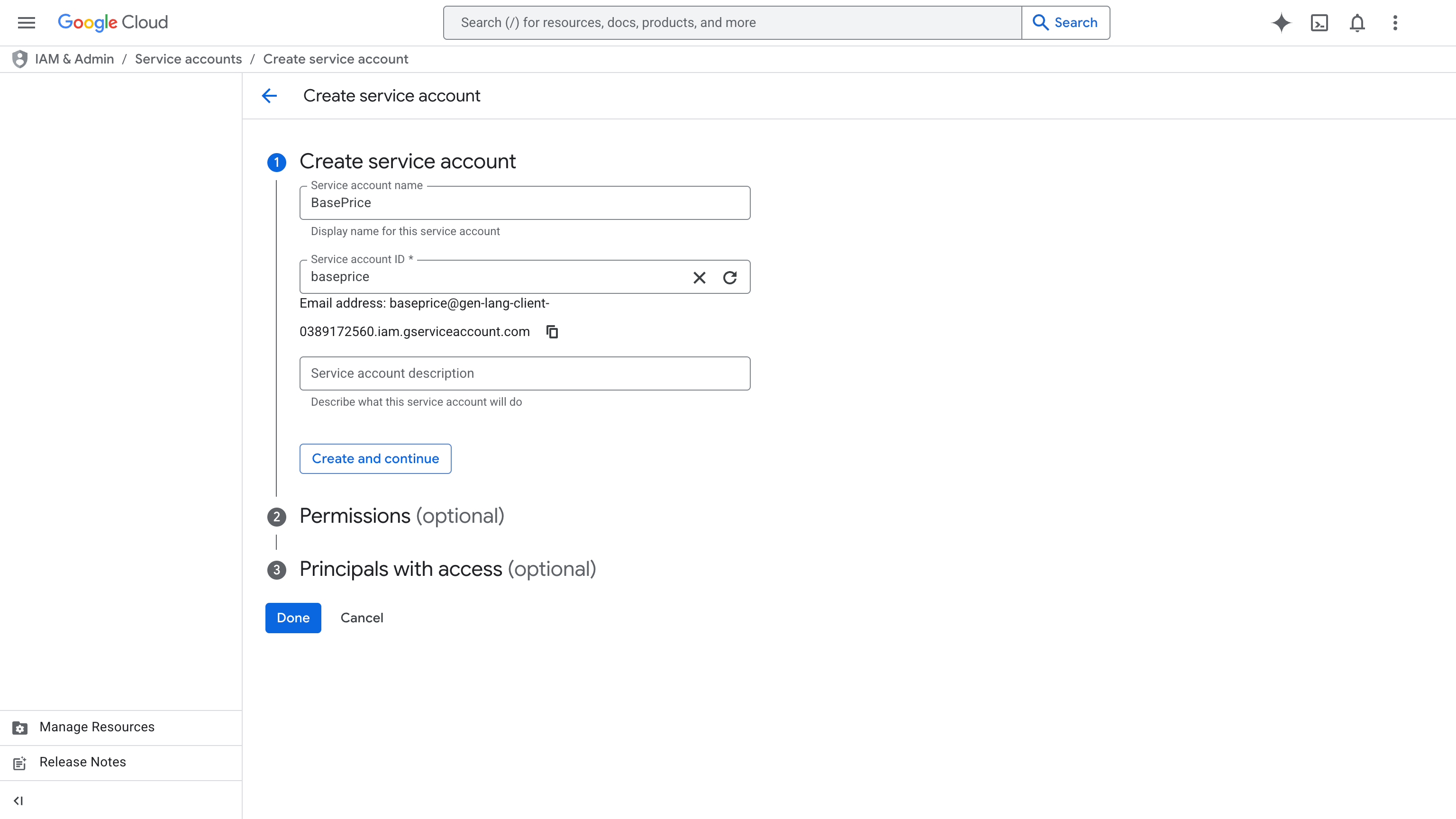 Google Cloud Console showing the Create Service Account form