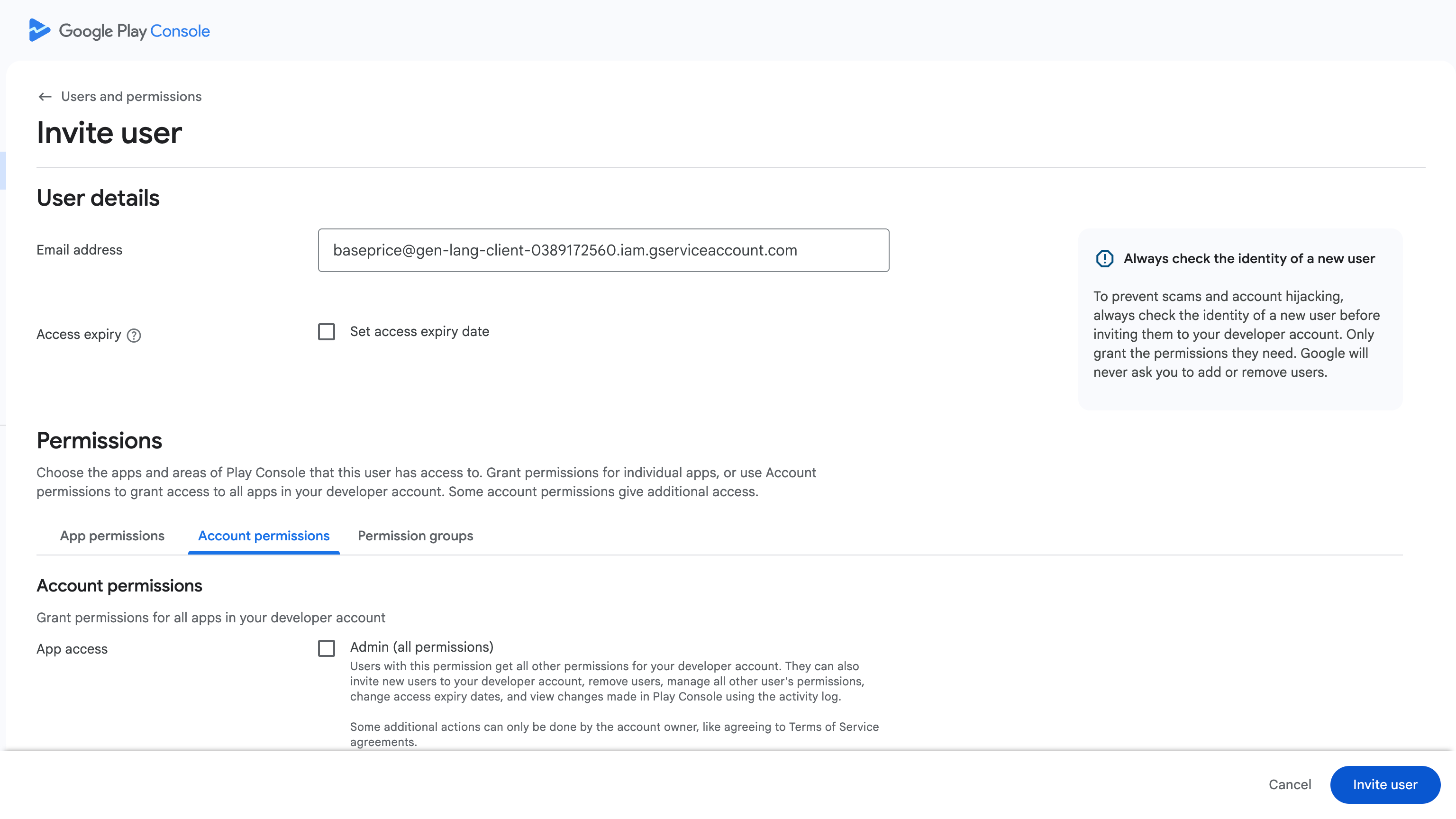 Google Play Console Users and Permissions showing service account permissions